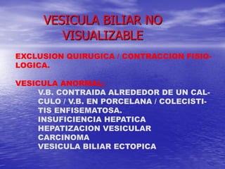 VESICULA BILIAR NO
VISUALIZABLE
EXCLUSION QUIRUGICA / CONTRACCION FISIOLOGICA.
VESICULA ANORMAL:
V.B. CONTRAIDA ALREDEDOR DE UN CALCULO / V.B. EN PORCELANA / COLECISTITIS ENFISEMATOSA.
INSUFICIENCIA HEPATICA
HEPATIZACION VESICULAR
CARCINOMA
VESICULA BILIAR ECTOPICA

 