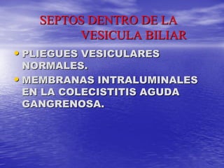 SEPTOS DENTRO DE LA
VESICULA BILIAR
• PLIEGUES VESICULARES

NORMALES.
• MEMBRANAS INTRALUMINALES
EN LA COLECISTITIS AGUDA
GANGRENOSA.

 