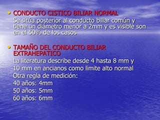 • CONDUCTO CISTICO BILIAR NORMAL

Se sitúa posterior al conducto biliar común y
tiene un diámetro menor a 2mm y es visible son
en el 50% de los casos

• TAMAÑO DEL CONDUCTO BILIAR

EXTRAHEPATICO
La literatura describe desde 4 hasta 8 mm y
10 mm en ancianos como limite alto normal
Otra regla de medición:
40 años: 4mm
50 años: 5mm
60 años: 6mm

 