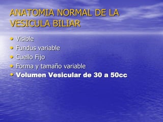 ANATOMIA NORMAL DE LA
VESICULA BILIAR
•
•
•
•
•

Visible
Fundus variable
Cuello Fijo
Forma y tamaño variable
Volumen Vesicular de 30 a 50cc

 