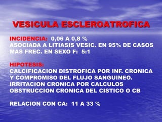 VESICULA ESCLEROATROFICA
INCIDENCIA: 0,06 A 0,8 %
ASOCIADA A LITIASIS VESIC. EN 95% DE CASOS
MAS FREC. EN SEXO F: 5:1
HIPOTESIS:
CALCIFICACION DISTROFICA POR INF. CRONICA
Y COMPROMISO DEL FLUJO SANGUINEO.
IRRITACION CRONICA POR CALCULOS
OBSTRUCCION CRONICA DEL CISTICO O CB
RELACION CON CA: 11 A 33 %

 