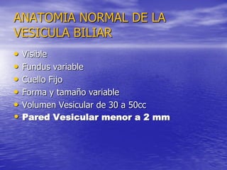 ANATOMIA NORMAL DE LA
VESICULA BILIAR
•
•
•
•
•
•

Visible
Fundus variable
Cuello Fijo
Forma y tamaño variable
Volumen Vesicular de 30 a 50cc
Pared Vesicular menor a 2 mm

 