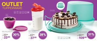 OUTLET
TUPPERWARE
28%de desconto
30%de desconto
801632 | Tupper Caçulinha 400ml
13,1 comp. X 11,6 larg. X 8 alt. (cm)
31%de desconto
800402 | Quick Dispenser Vermelho
650ml
10,9 comp. X 7,3 larg. X 19 alt. (cm)
Por
R$37,90
Preço Sugerido
R$53,00
Base com
escala de
medidas
Vem com alça
para transportar
Guarde
pequenas
porções
Preço Sugerido
R$161,00
Por
R$109,90
803226 | Big Cake Redondo Mint
32 comp. X 28,7 larg. X 17 alt. (cm)
Preço Sugerido
R$33,00
Por
R$22,90
60 61
 