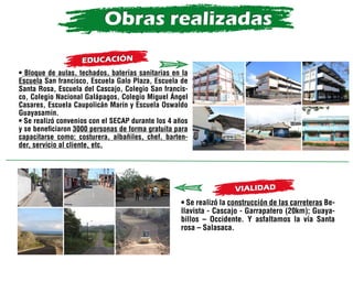 Obras realizadas
Obras realizadas
• Se realizó la construcción de las carreteras Be-
llavista - Cascajo - Garrapatero (20k...
