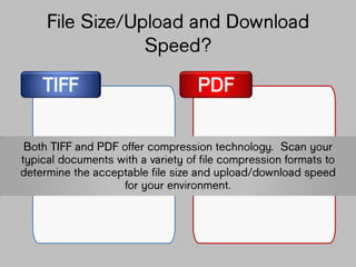 File Size/Upload and
Download Speed?
TIFF PDF
Both TIFF and PDF offer compression
technology. Scan your typical documents with
a variety of file compression formats to
determine the acceptable file size and
upload/download speed for your environment.
 