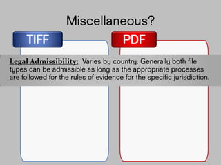 TIFF PDF
Miscellaneous?
Legal Admissibility: Varies by country. Generally
both file types can be admissible as long as
the appropriate processes are followed for
the rules of evidence for the specific
jurisdiction.
 