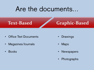 Are the
documents…
• Office Text
Documents
• Magazines/Journals
• Books
• Drawings
• Maps
• Newspapers
• Photographs
Graphic-BasedText-Based
 