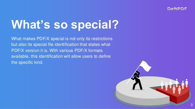 3
What’s so special?
What makes PDF/X special is not only its restrictions
but also its special file identification that states what
PDF/X version it is. With various PDF/X formats
available, this identification will allow users to define
the specific kind.
 