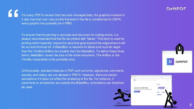 “For every PDF/X version that has color-managed data, the graphics inserted in
it also has their own color profile therefore if the file is conditioned for CMYK,
every graphic may possibly be in RBG.
To ensure that the printing is accurate and has room for cutting errors, it is
always recommended that the file be printed with “bleed.” This term is used for
printing which basically means the area that goes beyond the edge where it will
be cut and trimmed off. A BleedBox is required for bleed and must be larger
than the TrimBox/ArtBox but smaller than the MediaBox. To define these three
terms, MediaBox covers the size of the entire document. The ArtBox or the
TrimBox meanwhile is the printable area.
Unfortunately, standard features in PDF such as forms, signatures, comments,
sounds, and videos are not allowed in PDF/X. However, there are certain
exemptions if it does not affect the rendering of the file. For instance, if
comments or annotations are outside the BleedBox, annotations can therefore
be used.
8
 
