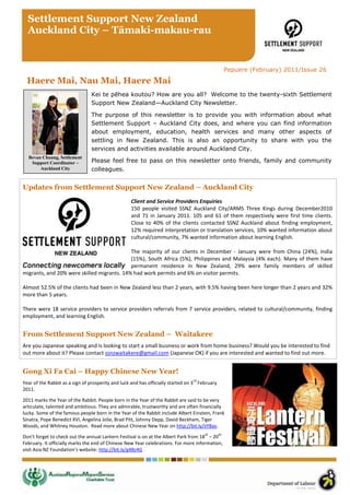Settlement Support New Zealand
  Auckland City – Tāmaki-makau-rau


                                                                                                    Pepuere (February) 2011/Issue 26

  Haere Mai, Nau Mai, Haere Mai
                                Kei te pēhea koutou? How are you all? Welcome to the twenty-sixth Settlement
                                Support New Zealand—Auckland City Newsletter.

                                The purpose of this newsletter is to provide you with information about what
                                Settlement Support – Auckland City does, and where you can find information
                                about employment, education, health services and many other aspects of
                                settling in New Zealand. This is also an opportunity to share with you the
                                services and activities available around Auckland City.
  Bevan Chuang, Settlement
   Support Coordinator –        Please feel free to pass on this newsletter onto friends, family and community
       Auckland City            colleagues.


Updates from Settlement Support New Zealand – Auckland City
                                                   Client and Service Providers Enquiries
                                                   150 people visited SSNZ Auckland City/ARMS Three Kings during December2010
                                                   and 71 in January 2011. 105 and 61 of them respectively were first time clients.
                                                   Close to 40% of the clients contacted SSNZ Auckland about finding employment,
                                                   12% required interpretation or translation services, 10% wanted information about
                                                   cultural/community, 7% wanted information about learning English.

                                            The majority of our clients in December - January were from China (24%), India
                                            (15%), South Africa (5%), Philippines and Malaysia (4% each). Many of them have
                                            permanent residence in New Zealand, 29% were family members of skilled
migrants, and 20% were skilled migrants. 14% had work permits and 6% on visitor permits.

Almost 52.5% of the clients had been in New Zealand less than 2 years, with 9.5% having been here longer than 2 years and 32%
more than 5 years.

There were 18 service providers to service providers referrals from 7 service providers, related to cultural/community, finding
employment, and learning English.


From Settlement Support New Zealand – Waitakere
Are you Japanese speaking and is looking to start a small business or work from home business? Would you be interested to find
out more about it? Please contact ssnzwaitakere@gmail.com (Japanese OK) if you are interested and wanted to find out more.


Gong Xi Fa Cai – Happy Chinese New Year!
                                                                                rd
Year of the Rabbit as a sign of prosperity and luck and has officially started on 3 February
2011.

2011 marks the Year of the Rabbit. People born in the Year of the Rabbit are said to be very
articulate, talented and ambitious. They are admirable, trustworthy and are often financially
lucky. Some of the famous people born in the Year of the Rabbit include Albert Einstein, Frank
Sinatra, Pope Benedict XVI, Angelina Jolie, Brad Pitt, Johnny Depp, David Beckham, Tiger
Woods, and Whitney Houston. Read more about Chinese New Year on http://bit.ly/iiYBav.
                                                                                      th       th
Don’t forget to check out the annual Lantern Festival is on at the Albert Park from 18 – 20
February. It officially marks the end of Chinese New Year celebrations. For more information,
visit Asia:NZ Foundation’s website: http://bit.ly/g4Bz4G .
 