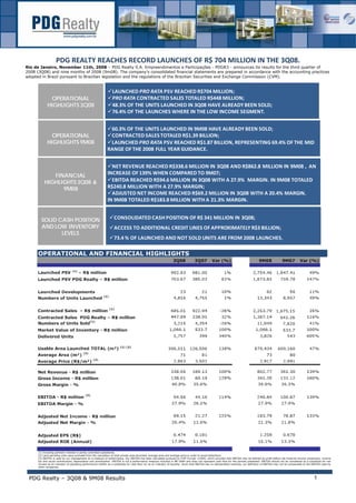 PDG REALTY REACHES RECORD LAUNCHES OF R$ 704 MILLION IN THE 3Q08.  
    Rio de Janeiro, November 11th, 2008 – PDG Realty S.A. Empreendimentos e Participações - PDGR3 - announces its results for the third quarter of
    2008 (3Q08) and nine months of 2008 (9m08). The company's consolidated financial statements are prepared in accordance with the accounting practices
mentários de Desempenho 4T07 e 2007
    adopted in Brazil pursuant to Brazilian legislation and the regulations of the Brazilian Securities and Exchange Commission (CVM).


                                                                      LAUNCHED PRO RATA PSV REACHED R$704 MILLION;
                   OPERATIONAL                                        PRO RATA CONTRACTED SALES TOTALED R$448 MILLION;
                  HIGHLIGHTS 3Q08                                     48.3% OF THE UNITS LAUNCHED IN 3Q08 HAVE ALREADY BEEN SOLD;
                                                                      76.4% OF THE LAUNCHES WHERE IN THE LOW INCOME SEGMENT.


                                                                   60.3% OF THE UNITS LAUNCHED IN 9M08 HAVE ALREADY BEEN SOLD;
                    OPERATIONAL                                    CONTRACTED SALES TOTALED R$1.39 BILLION;
                  HIGHLIGHTS 9M08                                  LAUNCHED PRO RATA PSV REACHED R$1.87 BILLION, REPRESENTING 69.4% OF THE MID 
                                                                  RANGE OF THE 2008 FULL YEAR GUIDANCE. 


                                                                    NET REVENUE REACHED R$338.6 MILLION IN 3Q08 AND R$862.8 MILLION IN 9M08 ,  AN 
                                                                  INCREASE OF 139% WHEN COMPARED TO 9M07;
                   FINANCIAL
                                                                    EBITDA REACHED R$94.6 MILLION IN 3Q08 WITH A 27.9%  MARGIN. IN 9M08 TOTALED 
                HIGHLIGHTS 3Q08 &
                                                                  R$240.8 MILLION WITH A 27.9% MARGIN;
                      9M08
                                                                    ADJUSTED NET INCOME REACHED R$69.2 MILLION IN 3Q08 WITH A 20.4% MARGIN.
                                                                  IN 9M08 TOTALED R$183.8 MILLION WITH A 21.3% MARGIN.


                                                                       CONSOLIDATED CASH POSITION OF R$ 341 MILLION IN 3Q08;
             SOLID CASH POSITION
             AND LOW INVENTORY                                         ACCESS TO ADDITIONAL CREDIT LINES OF APPROXIMATELY R$3 BILLION; 
                    LEVELS
                                                                       73.4 % OF LAUNCHED AND NOT SOLD UNITS ARE FROM 2008 LAUNCHES. 
     

           OPERATIONAL AND FINANCIAL HIGHLIGHTS




           (1) Including partners' interest in jointly controlled subsidiaries.
           (2) Land parceling units were excluded from the calculation of total private area launched, average area and average price,in order to avoid distortions.
           (3) EBITDA is used by our management as a measure of performance. Our EBITDA has been calculated pursuant to CVM Circular 1/2005, which provides that EBITDA may be defined as profit before net financial income (expenses), income
           tax and social contributions, depreciation and amortization. EBITDA is not a performance measure included in BR GAAP and does not represent cash flow for the periods presented. EBITDA should not be considered as a substitute for net
           income as an indicator of operating performance neither as a substitute for cash flow nor as an indicator of liquidity. Given that EBITDA has no standardized meaning, our definition of EBITDA may not be comparable to the EBITDA used by
           other companies.




        PDG Realty – 3Q08 & 9M08 Results                                                                                                                                                                                                1
 
