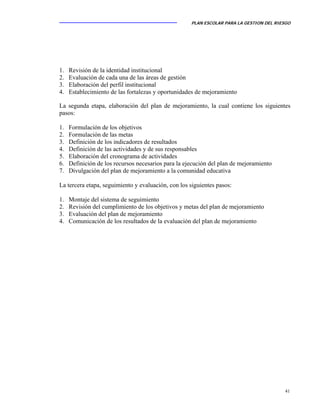 PLAN ESCOLAR PARA LA GESTION DEL RIESGO
41
1. Revisión de la identidad institucional
2. Evaluación de cada una de las áreas de gestión
3. Elaboración del perfil institucional
4. Establecimiento de las fortalezas y oportunidades de mejoramiento
La segunda etapa, elaboración del plan de mejoramiento, la cual contiene los siguientes
pasos:
1. Formulación de los objetivos
2. Formulación de las metas
3. Definición de los indicadores de resultados
4. Definición de las actividades y de sus responsables
5. Elaboración del cronograma de actividades
6. Definición de los recursos necesarios para la ejecución del plan de mejoramiento
7. Divulgación del plan de mejoramiento a la comunidad educativa
La tercera etapa, seguimiento y evaluación, con los siguientes pasos:
1. Montaje del sistema de seguimiento
2. Revisión del cumplimiento de los objetivos y metas del plan de mejoramiento
3. Evaluación del plan de mejoramiento
4. Comunicación de los resultados de la evaluación del plan de mejoramiento
 