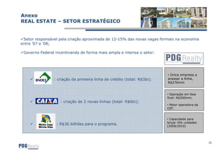 Anexo
REAL ESTATE – SETOR ESTRATÉGICO


 Setor responsável pela criação aproximada de 12-15% das novas vagas formais na economia
                                              12-
entre ’07 e ’08;

 Governo Federal incentivando de forma mais ampla e intensa o setor:




                                                                         • Única empresa a
                : criação da primeira linha de crédito (total: R$3bi);   acessar a linha,
                                                                         R$276mm


                                                                         • Operação em fase
                                                                         final: R$300mm;
                   : criação de 2 novas linhas (total: R$6bi);
                                                                         • Maior operadora da
                                                                         CEF.


                                                                         • Capacidade para
                                                                         lançar 45k unidades
                 : R$36 bilhões para o programa.                         (2009/2010)




                                                                                                25
 