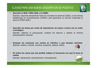 CLAVES PARA UNA BUENA DESCRIPCION DE PUESTOS
•   Describir el QUE, PARA QUE y el COMO:
    Ejemplo: responde diariamente mails de consultas de alumnos (QUE), en las formas
    establecidas en procedimientos (COMO), para garantizar un servicio impecable al
    alumno (PARA QUE).



•   Describir las tareas por orden de importancia: de mayor a menor y/o en orden
    cronológico.
    Ejemplo: elaborar el presupuesto, analizar los desvíos y realizar el informe
    presupuestario mensual.



•   Empezar las oraciones con verbos en infinitivo o que denotan actividad.
    Ejemplo: analiza, controla, coordina, programa, elabora, define.



•   En todos los casos que sea posible indique la frecuencia con que la tarea se
    realiza
    Ejemplo: diariamente, semanalmente, mensualmente.
 