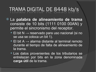 La  palabra de alineamiento de trama  consiste de 10 bits (1111 0100 00AN) y permite el sincronismo del receptor.  El bit N -> reservado para uso nacional (si no se usa se coloca un bit 1).  El bit A -> alarma distante al terminal remoto durante el tiempo de falta de alineamiento de la trama. Los datos provenientes de los tributarios se entrelazan por bits en la zona denominada  carga útil  de la trama.  