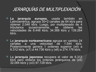 JERARQUÍAS DE MULTIPLEXACIÓN La jerarquía europea,  usada también en Latinoamérica, agrupa 30+2 canales de 64 kb/s para obtener 2.048 kb/s. Luego, por multiplexado de 4 tributarios sucesivamente, se obtiene las velocidades de 8.448 kb/s; 34.368 kb/s y 139.264 kb/s. La  jerarquía norteamericana  agrupa en cambio 24 canales a una velocidad de 1.544 kb/s. Posteriormente genera 1 ordenes superior (x4) a 6.312 kb/s, (x7) a 44.736 kb/s y (x6) a 274.176 kb/s. La  jerarquía japonesa  recupera el valor de 6.312 kb/s pero obtiene los órdenes jerárquicos de (x5) 32.064 kb/s y (x3) 97.728 kb/s. 