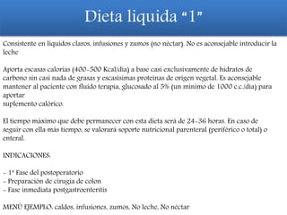 Consistente en líquidos claros, infusiones y zumos (no néctar). No es aconsejable introducir la
leche
Aporta escasas calorías (400-500 Kcal/día) a base casi exclusivamente de hidratos de
carbono sin casi nada de grasas y escasísimas proteínas de origen vegetal. Es aconsejable
mantener al paciente con fluido terapia, glucosado al 5% (un mínimo de 1000 c.c./día) para
aportar
suplemento calórico.
El tiempo máximo que debe permanecer con esta dieta será de 24-36 horas. En caso de
seguir con ella más tiempo, se valorará soporte nutricional parenteral (periférico o total) o
enteral.
INDICACIONES:
- 1ª Fase del postoperatorio
- Preparación de cirugía de colon
- Fase inmediata postgastroenteritis
MENÚ EJEMPLO: caldos, infusiones, zumos, No leche, No néctar
Dieta liquida “1”
 