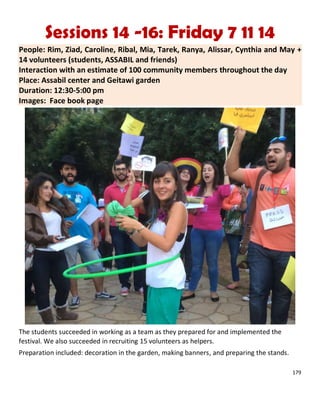 179
Sessions 14 -16: Friday 7 11 14
People: Rim, Ziad, Caroline, Ribal, Mia, Tarek, Ranya, Alissar, Cynthia and May +
14 volunteers (students, ASSABIL and friends)
Interaction with an estimate of 100 community members throughout the day
Place: Assabil center and Geitawi garden
Duration: 12:30-5:00 pm
Images: Face book page
The students succeeded in working as a team as they prepared for and implemented the
festival. We also succeeded in recruiting 15 volunteers as helpers.
Preparation included: decoration in the garden, making banners, and preparing the stands.
 