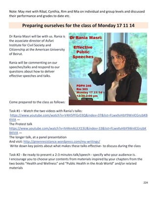 224
Note: May met with Ribal, Cynthia, Rim and Mia on individual and group levels and discussed
their performance and grades to date etc.
Preparing ourselves for the class of Monday 17 11 14
Dr Rania Masri will be with us. Rania is
the associate director of Asfari
Institute for Civil Society and
Citizenship at the American University
of Beirut.
Rania will be commenting on our
speeches/talks and respond to our
questions about how to deliver
effective speeches and talks.
Come prepared to the class as follows:
Task #1 – Watch the two videos with Rania’s talks:
https://www.youtube.com/watch?v=V4H5PFGr03Q&index=37&list=FLwxXvHbY9WnlCGnzbKB
KVIA —
The Protest talk
https://www.youtube.com/watch?v=hHAmAULY23U&index=33&list=FLwxXvHbY9WnlCGnzbK
BKVIA —
The longer talk, at a panel presentation
And visit: http://greenresistance.wordpress.com/my-writings/
Write down key points about what makes these talks effective- to discuss during the class
Task #2 - Be ready to present a 2-3 minutes talk/speech - specify who your audience is.
I encourage you to choose your contents from materials inspired by your chapters from the
two books “Health and Wellness” and “Public Health in the Arab World” and/or related
materials
 