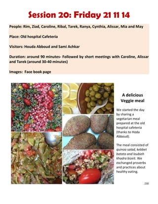 230
Session 20: Friday 21 11 14
People: Rim, Ziad, Caroline, Ribal, Tarek, Ranya, Cynthia, Alissar, Mia and May
Place: Old hospital Cafeteria
Visitors: Houda Abboud and Sami Achkar
Duration: around 90 minutes- Followed by short meetings with Caroline, Alissar
and Tarek (around 30-40 minutes)
Images: Face book page
A delicious
Veggie meal
We started the day
by sharing a
vegetarian meal
prepared at the old
hospital cafeteria
(thanks to Hoda
Abboud).
The meal consisted of
quinoa salad, kebbet
batata and loubieh
khadra bizeit. We
exchanged proverbs
and practices about
healthy eating.
 