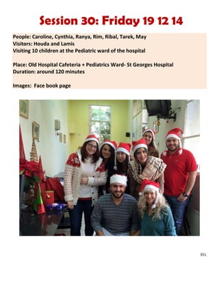 351
Session 30: Friday 19 12 14
People: Caroline, Cynthia, Ranya, Rim, Ribal, Tarek, May
Visitors: Houda and Lamis
Visiting 10 children at the Pediatric ward of the hospital
Place: Old Hospital Cafeteria + Pediatrics Ward- St Georges Hospital
Duration: around 120 minutes
Images: Face book page
 