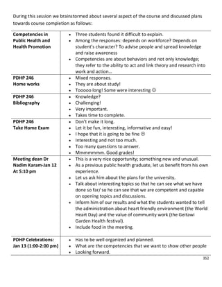 352
During this session we brainstormed about several aspect of the course and discussed plans
towards course completion as follows:
Competencies in
Public Health and
Health Promotion
 Three students found it difficult to explain.
 Among the responses: depends on workforce? Depends on
student’s character? To advise people and spread knowledge
and raise awareness
 Competencies are about behaviors and not only knowledge;
they refer to the ability to act and link theory and research into
work and action…
PDHP 246
Home works
 Mixed responses.
 They are about study!
 Tooooo long! Some were interesting 
PDHP 246
Bibliography
 Knowledge?
 Challenging!
 Very important.
 Takes time to complete.
PDHP 246
Take Home Exam
 Don’t make it long.
 Let it be fun, interesting, informative and easy!
 I hope that it is going to be fine 
 Interesting and not too much.
 Too many questions to answer.
 Mmmmmmm. Good grades!
Meeting dean Dr
Nadim Karam-Jan 12
At 5:10 pm
 This is a very nice opportunity; something new and unusual.
 As a previous public health graduate, let us benefit from his own
experience.
 Let us ask him about the plans for the university.
 Talk about interesting topics so that he can see what we have
done so far/ so he can see that we are competent and capable
on opening topics and discussions.
 Inform him of our results and what the students wanted to tell
the administration about heart friendly environment (the World
Heart Day) and the value of community work (the Geitawi
Garden Health festival).
 Include food in the meeting.
PDHP Celebrations:
Jan 13 (1:00-2:00 pm)
 Has to be well organized and planned.
 What are the competencies that we want to show other people
 Looking forward.
 
