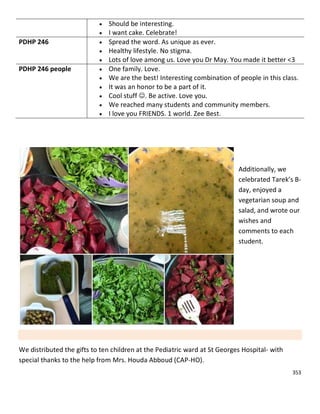 353
 Should be interesting.
 I want cake. Celebrate!
PDHP 246  Spread the word. As unique as ever.
 Healthy lifestyle. No stigma.
 Lots of love among us. Love you Dr May. You made it better <3
PDHP 246 people  One family. Love.
 We are the best! Interesting combination of people in this class.
 It was an honor to be a part of it.
 Cool stuff . Be active. Love you.
 We reached many students and community members.
 I love you FRIENDS. 1 world. Zee Best.
Additionally, we
celebrated Tarek’s B-
day, enjoyed a
vegetarian soup and
salad, and wrote our
wishes and
comments to each
student.
We distributed the gifts to ten children at the Pediatric ward at St Georges Hospital- with
special thanks to the help from Mrs. Houda Abboud (CAP-HO).
 