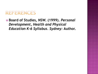 REFERENCESBoard of Studies, NSW. (1999). Personal Development, Health and Physical Education K‐6 Syllabus. Sydney: Author.