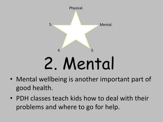 • Mental wellbeing is another important part of
good health.
• PDH classes teach kids how to deal with their
problems and where to go for help.
Physical.
Mental.
3.4.
5.
2. Mental
 