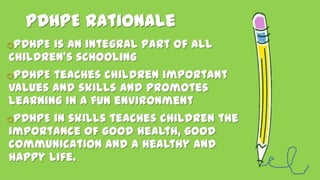 PDHPE Rationale
oPDHPE is an integral part of all
children’s schooling
oPDHPE teaches children important
values and skills and promotes
learning in a fun environment
oPDHPE in skills teaches children the
importance of good health, good
communication and a healthy and
happy life.
 