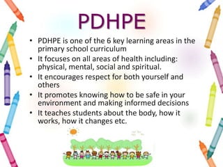PDHPE
• PDHPE is one of the 6 key learning areas in the
primary school curriculum
• It focuses on all areas of health including:
physical, mental, social and spiritual.
• It encourages respect for both yourself and
others
• It promotes knowing how to be safe in your
environment and making informed decisions
• It teaches students about the body, how it
works, how it changes etc.
 