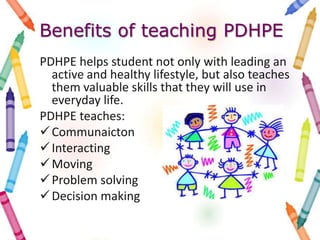 Benefits of teaching PDHPE
PDHPE helps student not only with leading an
active and healthy lifestyle, but also teaches
them valuable skills that they will use in
everyday life.
PDHPE teaches:
Communaicton
Interacting
Moving
Problem solving
Decision making
 