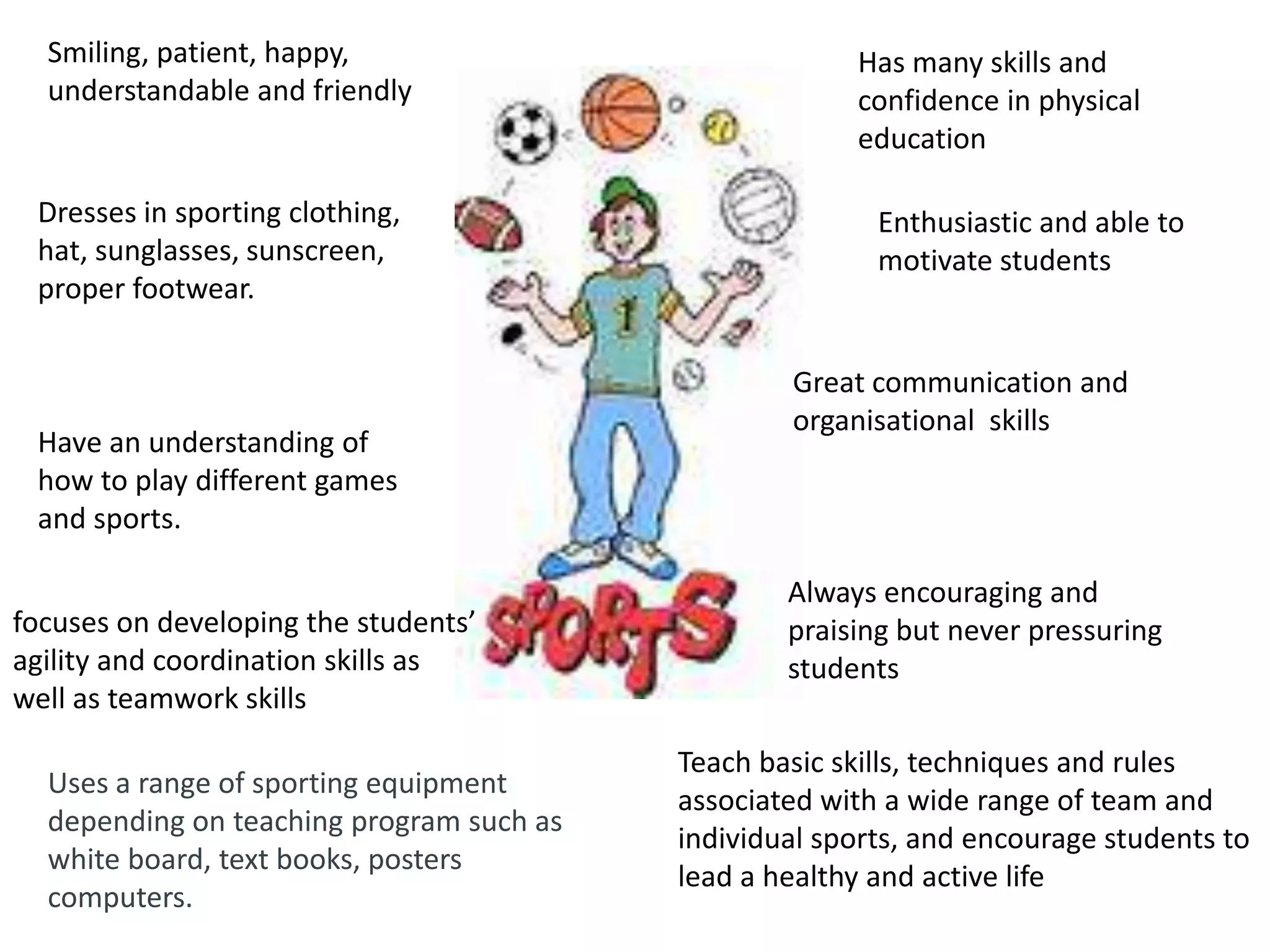 Smiling, patient, happy,                             Has many skills and
  understandable and friendly                          confidence in physical
                                                       education

 Dresses in sporting clothing,                           Enthusiastic and able to
 hat, sunglasses, sunscreen,                             motivate students
 proper footwear.

                                                  Great communication and
                                                  organisational skills
 Have an understanding of
 how to play different games
 and sports.

                                                  Always encouraging and
focuses on developing the students’               praising but never pressuring
agility and coordination skills as                students
well as teamwork skills

                                          Teach basic skills, techniques and rules
  Uses a range of sporting equipment
                                          associated with a wide range of team and
  depending on teaching program such as
                                          individual sports, and encourage students to
  white board, text books, posters
                                          lead a healthy and active life
  computers.
 