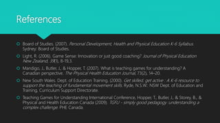 References
 Board of Studies. (2007). Personal Development, Health and Physical Education K-6 Syllabus.
Sydney: Board of Studies.
 Light, R. (2006). Game Sense: Innovation or just good coaching? Journal of Physical Education
New Zealand, 39(1), 8-19,3.
 Mandigo, J., Butler, J., & Hopper, T. (2007). What is teaching games for understanding? A
Canadian perspective. The Physical Health Education Journal, 73(2), 14–20.
 New South Wales. Dept. of Education Training. (2000). Get skilled, get active : A K-6 resource to
support the teaching of fundamental movement skills. Ryde, N.S.W.: NSW Dept. of Education and
Training, Curriculum Support Directorate.
 Teaching Games for Understanding International Conference, Hopper, T., Butler, J., & Storey, B., &
Physical and Health Education Canada (2009). TGFU - simply good pedagogy :understanding a
complex challenge. PHE Canada.
 