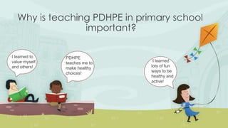 Why is teaching PDHPE in primary school
important?
I learned
lots of fun
ways to be
healthy and
active!
PDHPE
teaches me to
make healthy
choices!
I learned to
value myself
and others!
 