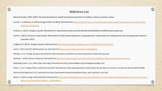 Board of Studies, NSW. (2007). Personal development, health and physical education K-6 syllabus. Sydney, Australia: Author.
Carroll, L., & Attwood, A. (2013) [Image of Wet and Wild]. Retrieved from http://www.smh.com.au/nsw/wetnwild-sydney-cancels-new-years-eve-at-short-notice-
20131231-303vu.html
Enokian, K. (2013). [Image of quote]. Retrieved from http://teacherweb.com/CA/LutherBurbankMiddleSchool/MsEnokian/uapt2.aspx
Herrick, J (2013). [Picture of open books]. Retrieved from http://www.talkandroid.com/guides/best-android-apps-for-reading-books-and-syncing-between-devices-
november-2013/
Langford, M. (2014). [Image of quote]. Retrieved from http://catchastarideas.blogspot.com.au/2013/07/sink-vs-float.html
Lewis, Z. (2013, May 29). Skeletel system rap. Retrieved from http://www.youtube.com/watch?v=aRXv3qOl8-4
McCabe, S. (n.d.). [Image of quote]. Retrieved from http://seanwes.com/2012/its-not-about-destination-its-about-the-journey/
Manfred, T. (2012). [Picture of Beyonce]. Retrieved from http://www.businessinsider.com.au/brooklyn-nets-undefeated-when-beyonce-shows-up-2012-12
Mythology Culture. (n.d.). [West Tigers team logo]. Retrieved from http://www.wildtiger.org/mythologyculturetiger.html
Petite, C. (n.d.). [Image of Xbox console and controller]. Retrieved from http://www.gamespot.com/articles/is-the-ps4-xbox-one-and-wii-u-console-war-dumb/1100-6419228/
Rancho Verde Highschool. (n.d.). Retrieved from http://ranchoverde.valverde.edu/athletics/team_web_sites/track_and_field
Ritchie, D. (2012). [Image of Benji Marshall]. Retrieved from http://www.dailytelegraph.com.au/sport/nrl/headache-for-wests-tigers-with-benji-marshall-set-to-pull-out-of-match-
against-south-sydney/story-e6frexnr-1226312888411
Reference List
 