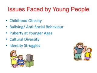 Issues Faced by Young PeopleChildhood ObesityBullying/ Anti-Social BehaviourPuberty at Younger AgesCultural DiversityIdentity Struggles