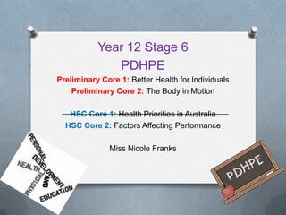 Year 12 Stage 6
              PDHPE
Preliminary Core 1: Better Health for Individuals
    Preliminary Core 2: The Body in Motion

   HSC Core 1: Health Priorities in Australia
  HSC Core 2: Factors Affecting Performance

              Miss Nicole Franks
 