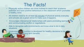The Facts!
• Physically active children are more inclined to reach their academic
potential and have positive behaviours in the classroom which promotes
a healthy mind.
• All children need to do at least 60 minutes of physical activity everyday
and schools are a great venue to make sure it happens.
• Encourages interpersonal relationships with peers promoting teamwork
and communicating conflict or negotiations.
• Able to recognise safe environments and know what to do in risky
situations.
• Understanding of nutrition is developed for healthy decisions to be made
and knowledge of long term benefits.
 