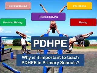 Communicating Interacting  Problem Solving Decision Making Moving PDHPE Why is it important to teach PDHPE in Primary Schools? 