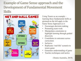 Exampleof GameSense approachand the
Developmentof FundamentalMovement
Skills
Using Tennis as an example –
learning these fundamental skills as
pictured on the left apply to the
Game Sense Approach as it:
• Encourages decision making
• Promoting team work
• Manipulates constraints to
highlight learning through guided
discovery
• Contributes to outcomes across
curriculum
• Inclusive
• Replicates ‘real-life’ scenario to
tennis game
• Generates understanding of game
• Teaches techniques and tactics
(Tennis Australia, 2019)
 