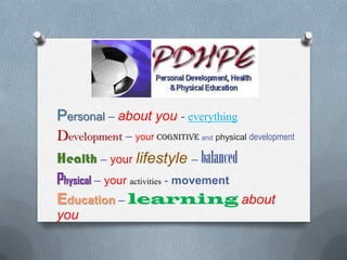 PDHPE
Personal – about you - everything
Development – your cognitive and physical development
Health – your lifestyle – balanced
Physical – your activities - movement
Education – learning about
you
 
