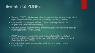 Benefits of PDHPE


Through PDHPE, children are able to make better informed decisions
regarding a variety of issues such as drugs, smoking and sex.



It promotes a valuing of self and others, helping children to
appreciate and tolerate diversity



Physical, social, cognitive and emotional growth is fostered through
PDHPE (Board of Studies, 2006)



PDHPE promotes responsible and physically healthy activity. It
teaches skills that enable action for better health and movement
(Board of Studies, 2006)



It is enjoyable and creates relationships in school and in the
community

 