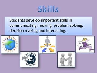 SkillsStudents develop important skills in communicating, moving, problem-solving, decision making and interacting.