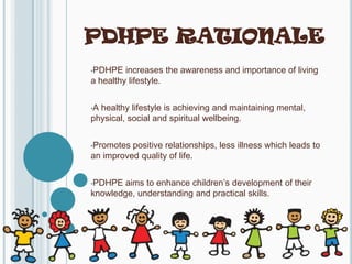 PDHPE RATIONALE
•PDHPE   increases the awareness and importance of living
a healthy lifestyle.


•Ahealthy lifestyle is achieving and maintaining mental,
physical, social and spiritual wellbeing.


•Promotes positive relationships, less illness which leads to
an improved quality of life.


•PDHPE  aims to enhance children’s development of their
knowledge, understanding and practical skills.
 