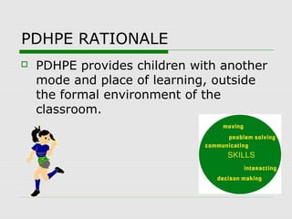 PDHPE RATIONALE
   PDHPE provides children with another
    mode and place of learning, outside
    the formal environment of the
    classroom.
 
