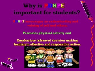 Why is PDHPE
important for students?
PDHPE encourages an understanding and
valuing of self and others,
Promotes physical activity and
Emphasises informed decision making
leading to effective and responsible action.
 