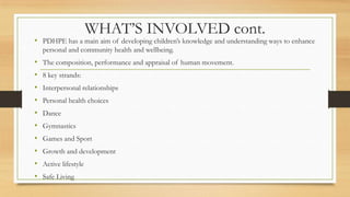 WHAT’S INVOLVED cont.
• PDHPE has a main aim of developing children’s knowledge and understanding ways to enhance
personal and community health and wellbeing.
• The composition, performance and appraisal of human movement.
• 8 key strands:
• Interpersonal relationships
• Personal health choices
• Dance
• Gymnastics
• Games and Sport
• Growth and development
• Active lifestyle
• Safe Living
 