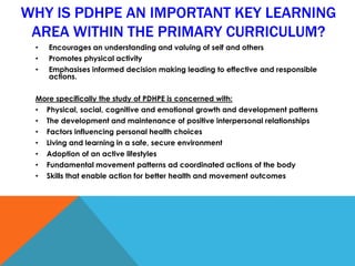 WHY IS PDHPE AN IMPORTANT KEY LEARNING
AREA WITHIN THE PRIMARY CURRICULUM?
• Encourages an understanding and valuing of self and others
• Promotes physical activity
• Emphasises informed decision making leading to effective and responsible
actions.
More specifically the study of PDHPE is concerned with:
• Physical, social, cognitive and emotional growth and development patterns
• The development and maintenance of positive interpersonal relationships
• Factors influencing personal health choices
• Living and learning in a safe, secure environment
• Adoption of an active lifestyles
• Fundamental movement patterns ad coordinated actions of the body
• Skills that enable action for better health and movement outcomes
 