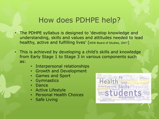 How does PDHPE help?
• The PDHPE syllabus is designed to ‘develop knowledge and
understanding, skills and values and attitudes needed to lead
healthy, active and fulfilling lives’ (NSW Board of Studies, 2007)
• This is achieved by developing a child’s skills and knowledge
from Early Stage 1 to Stage 3 in various components such
as:
• Interpersonal relationships
• Growth and Development
• Games and Sport
• Gymnastics
• Dance
• Active Lifestyle
• Personal Health Choices
• Safe Living
 